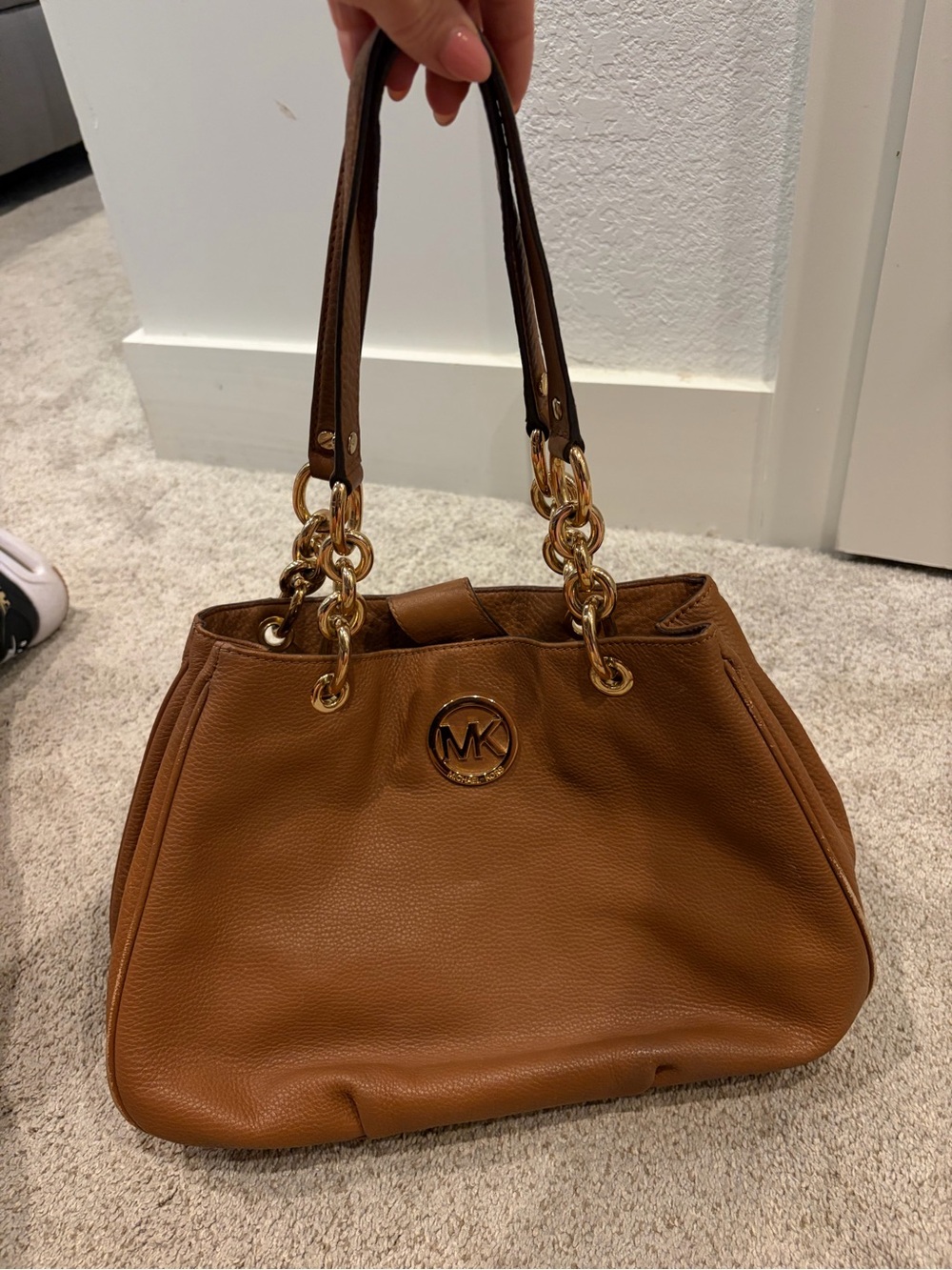 Michael Kors Fulton Brown Pebbled Leather Gold Chain Shoulder Tote